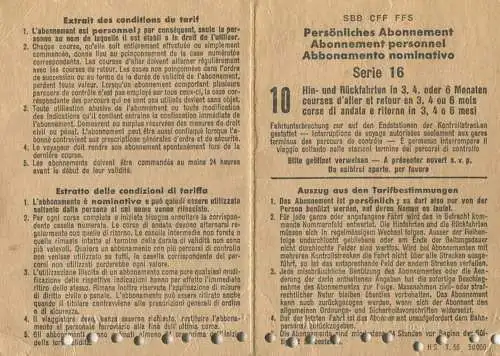 Schweiz - SBB - Persönliches Abonnement Serie 16 5 Hin- und Rückfahrten in 3 Monaten in 3, 4, oder 6 Monaten - Lyss Bern