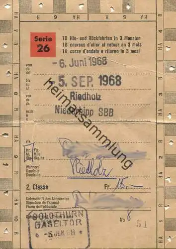 Schweiz - SBB - Schüler- und Lehrlingsabonnement Serie 26 10 Hin- und Rückfahrten in 3 Monaten - Riedholz Niederbipp 196