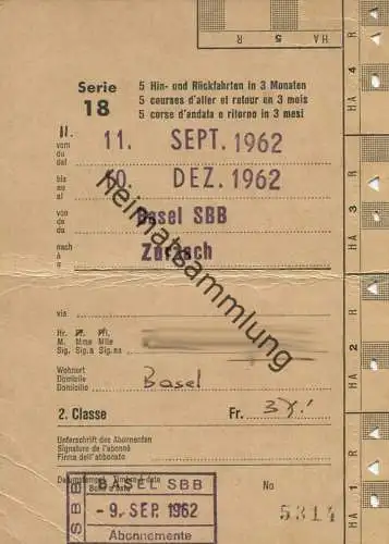 Schweiz - SBB - Allgemeines Abonnement Serie 18 5 Hin- und Rückfahrten in 3 Monaten - Basel Zurzach 1962
