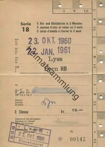 Schweiz - SBB - Allgemeines Abonnement Serie 18 5 Hin- und Rückfahrten in 3 Monaten - Lyss Bern 1960