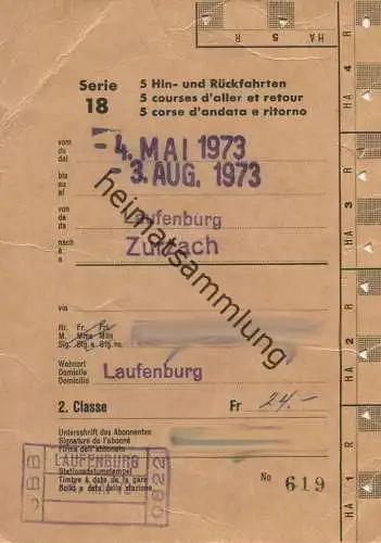 Schweiz - SBB - Allgemeines Abonnement Serie 18 5 Hin- und Rückfahrten - Laufenburg Zurzach 1973