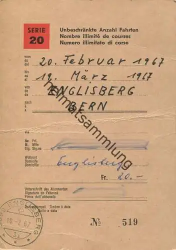 Schweiz - SBB - Schüler- und Lehrlingsabonnement Serie 20 - Englisberg Bern 1967 - unbeschränkte Anzahl Fahrten