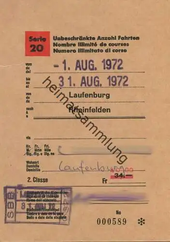 Schweiz - SBB - Schüler- und Lehrlingsabonnement Serie 20 - Laufenburg Rheinfelden 1972 - unbeschränkte Anzahl Fahrten