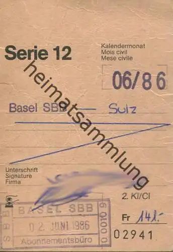 Schweiz - SBB - Abonnement Serie 12 - Basel Sulz 1986 - unbeschränkte Anzahl Fahrten während eines Kalendermonats
