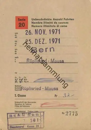 Schweiz - SBB - Schüler- und Lehrlingsabonnement Serie 20 - Rüplisried-Mauss Bern 1971 - unbeschränkte Anzahl Fahrten