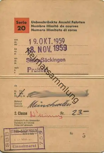 Schweiz - SBB - Schüler- und Lehrlingsabonnement Serie 20 - Stein-Säckingen Pratteln 1959 - unbeschränkte Anzahl Fahrten