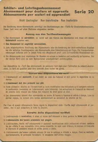 Schweiz - SBB - Schüler- und Lehrlingsabonnement Serie 20 - Stein-Säckingen Pratteln 1959 - unbeschränkte Anzahl Fahrten