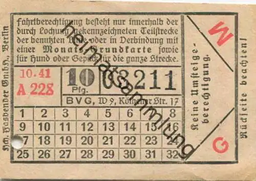 Deutschland - Berlin - BVG Fahrschein 1941 - 10Pfg. 10.41