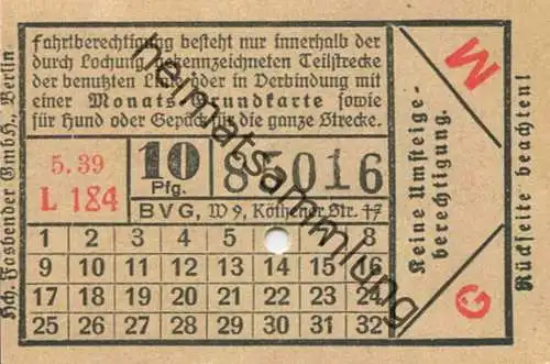 Deutschland - Berlin - BVG Fahrschein 1939 - 10Pfg. 5.39