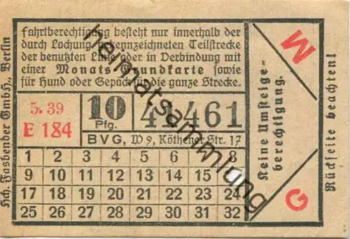 Deutschland - Berlin - BVG Fahrschein 1939 - 10Pfg. 5.39