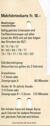 Schweiz - Tarifverbund Basel - Mehrfahrtenkarte - 11 Fahrten - Billet Preis 10.-