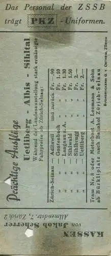 Schweiz - Zürichsee Schwebebahn - Lift und Überfahrt Halbe Taxe Fr. -.75 - Fahrkarte 1939 - rückseitig Werbung - Klebest