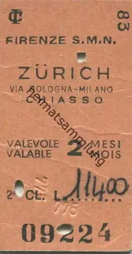 Italien - Schweiz - Firenze S.M.N. Zürich via Bologna-Milano Chiasso - Lire 11400 - Fahrkarte 1974