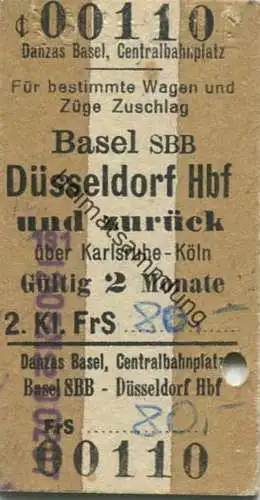 Schweiz - Deutschland - Basel SBB Düsseldorf und zurück über Karlsruhe-Köln - Fahrkarte 1962 - Danzas Basel Centralbahnp