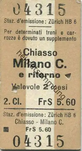 Schweiz - Italien - Chiasso Milano C. und zurück - Fahrkarte 1963