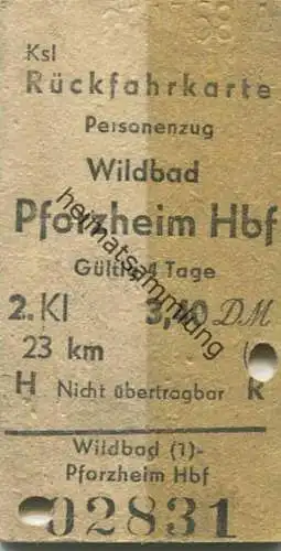 Deutschland - Rückfahrkarte - Wildbad Pforzheim Hbf - Fahrkarte 1958