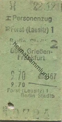 Deutschland - Forst (Lausitz) Berlin Stadtb über Giessen-Frankfurt - Personenzug Fahrkarte 2. Kl. 9.70 1944