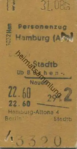 Deutschland - Hamburg-Altona - Berlin Stadtbahn über Büchen Nauen - Personenzug Fahrkarte 1957