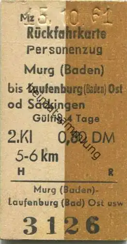 Deutschland - Rückfahrkarte - Murg bis Laufenburg (Baden) Ost od Säckingen - Fahrkarte 1961