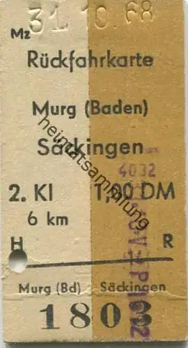 Deutschland - Rückfahrkarte - Murg (Baden) Säckingen - Fahrkarte 1968