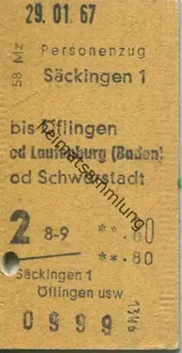 Deutschland - Säckingen bis Öflingen od Laufenburg(Baden) od Schwörstadt - Fahrkarte Personenzug 1967