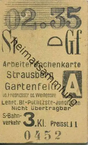 Deutschland - Arbeiterwochenkarte - Strausberg - Gartenfeld - S-Bahnverkehr 3. Kl. - Fahrkarte 1935