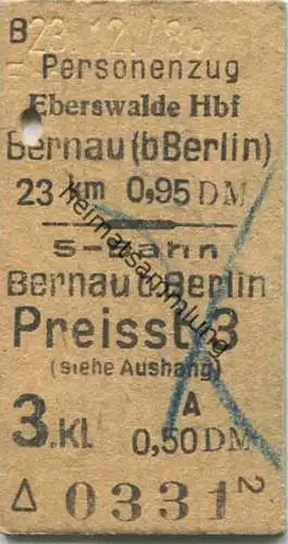 Deutschland - Personenzug Eberswalde Hbf - Bernau (b Berlin) 0,95DM - S-Bahn Bernau b. Berlin Preisst 3 3.Klasse 0,50DM