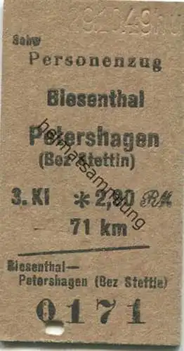 Deutschland - Biesenthal - Petershagen (Bez. Stettin) 3.Klasse 2,90RM - Fahrkarte Personenzug 1949