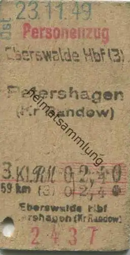 Deutschland - Eberswalde Hbf - Petershagen (Kr. Randow) 3.Klasse RM 2,40 - Fahrkarte Personenzug 1949 - Kontrollbezirk O