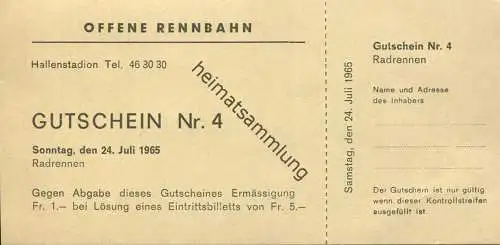 Schweiz - Offene Rennbahn - Zürich - Radrennen 1965 - Gutschein