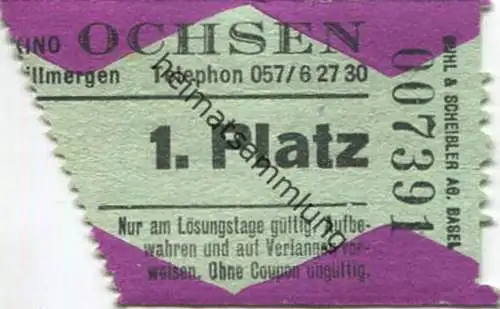 Schweiz - Kino Ochsen - Villmergen 1961 - Eintrittskarte