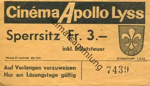 Deutschland - Cinema Apollo Lyss - Sperrsitz - Kinokarte