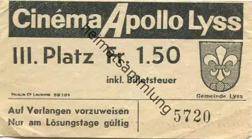 Deutschland - Cinema Apollo Lyss - III. Platz - Kinokarte