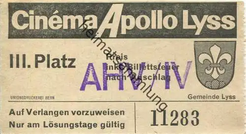 Deutschland - Cinema Apollo Lyss - III. Platz AHV/IV - Kinokarte