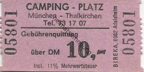 Deutschland - München-Thalkirchen - Camping-Platz - Gebührenquittung DM 10,00