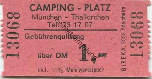 Deutschland - München-Thalkirchen - Camping-Platz - Gebührenquittung DM 1,00