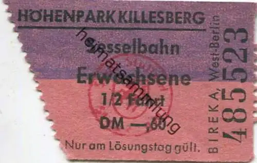 Deutschland - Höhenpark Killesberg - Sesselbahn - 1/2 Fahrt - Fahrschein DM -.60