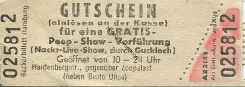 Deutschland - Berlin - Gutschein für eine Gratis Peep-Show-Verführung (Nackt-Live-Show durch Guckloch)