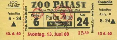 Deutschland - Berlin-Charlottenburg - Kino Zoo Palast Hardenbergstrasse 29a - Eintrittskarte Mo. 13. Juni 1960