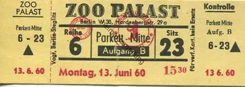 Deutschland - Berlin-Charlottenburg - Kino Zoo Palast Hardenbergstrasse 29a - Eintrittskarte Mo. 13. Juni 1960