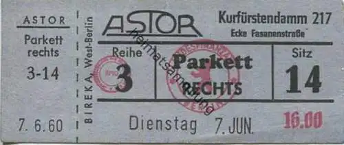 Deutschland - Berlin-Charlottenburg - Kino Astor Kurfürstendamm 217 - Eintrittskarte Di. 7.6.1960