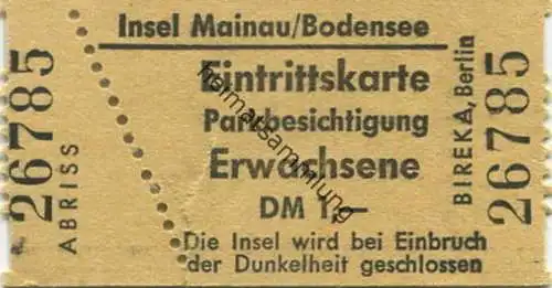 Deutschland - Insel Mainau Bodensee - Eintrittskarte Parkbesichtigung DM 1,- - rückseitig Werbung für Torkelkeller und