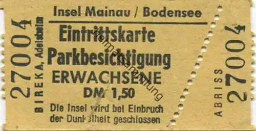 Deutschland - Insel Mainau Bodensee - Eintrittskarte Parkbesichtigung DM 1,50 - rückseitig Werbung für Torkelkeller und