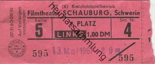 Deutschland - Filmtheater Schauburg Schwerin - VE (K) Kreislichtspielbetrieb - Kinokarte 1961