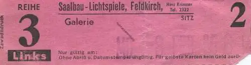 Österreich - Saalbau-Lichtspiele Feldkirch Hans Krimmer - Kinokarte 1965