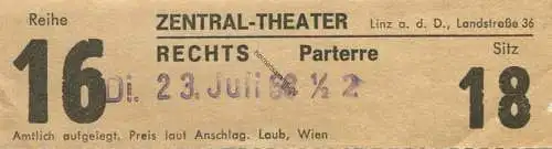 Österreich - Zentral-Theater Linz a. d. D. Landstrasse 36 - Eintrittskarte 1968
