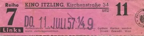 Österreich - Kino Itzling Kirchenstrasse 34 - Kinokarte 1957