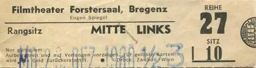 Österreich - Filmtheater Forstersaal Bregenz - Eugen Spiegel - Kinokarte 1960