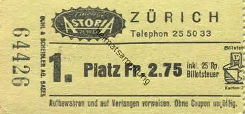 Schweiz - Cinema Astoria Zürich - Kinokarte