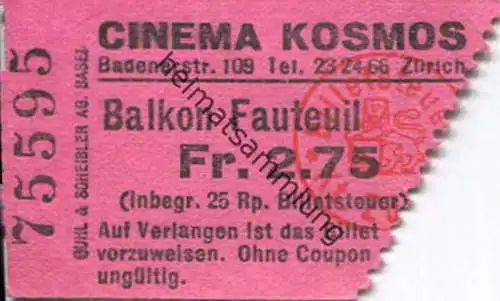 Schweiz - Cinema Kosmos - Badenerstrasse 109 Zürich - Kinokarte